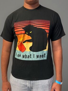 Men's Black Graphic Tee with Cat and Flame Illustration